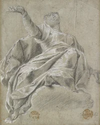 Istuva naishahmo pilvellä, katselee ylöspäin, 1600-1675