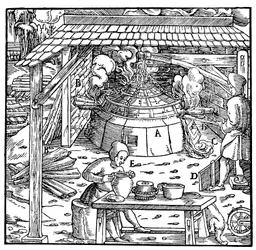 Lyijyn erottaminen hopeasta tai kullasta kupellointiuunissa, 1556