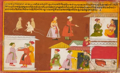Palvelija suojelee taloa, jossa kuningas makaa kuolleena, Pancha Tantra -käsikirjoituksesta, 1700-luvun puoliväli