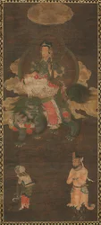 Shakyamuni Triad: Buddha, johon osallistuivat Manjushri ja Samantabhadra Bodhisattva leijonan kanssa, 1300-luvun loppu