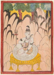 Shiva istuu valtaistuimella maisemassa, n. 1760.