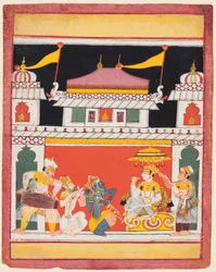 Shri Raga, Ragamala-sarjasta, Kolme muusikkoa esiintyy ennen jaloa, n. 1650.