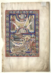 Yksi lehti irrotettu evankeliumikirjasta: Syntymä recto ja St. Matthew verso, n. 1190.
