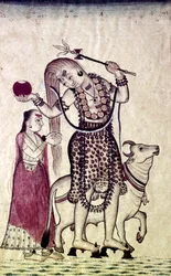 Siva, seguit de la seva consort Parvati, caminant amb el toro, Nandi, c1730. finlandès