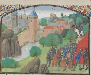 Sotilaat pelaavat noppaa Kesarean kaupungin edessä. Vilhelmin Tyroksen pienoismalli Historiasta, 1460-luku