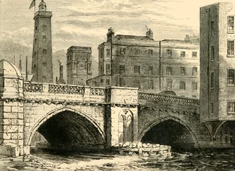 Old London Bridgen eteläpää, jossa Shot Tower ja St. Olaves -kirkko, vuonna 1820, n. 1878.
