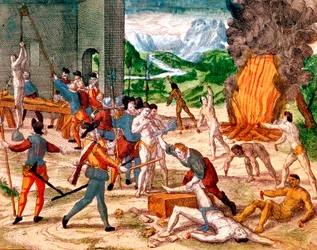 Espanjalaiset konkistadorit kiduttavat Amerikan intiaaneja, 1539-1542