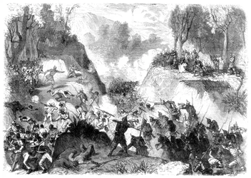 Espanjalaiset joukot taistelevat Santo Domingon ihmisiä vastaan Monte Christin solassa, 1864