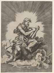Pyhä Johannes, istuu ja pitää kirjoitusvälinettä taulua vasten, kotka ulokkeella..., vuoden 1518 jälkeen.