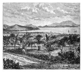 St Kitts, näkymä otettu Nevisistä, vuodelta 1890