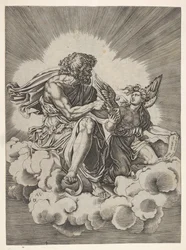 Pyhä Matteus istuu pilven päällä jalat ristissä ja upottaa sulkakynän mustesäiliöön..., vuoden 1518 jälkeen.