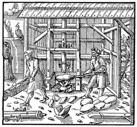 Murskain kuparin kupellaatiokakkujen rikkomiseen jatkojalostusta varten, 1556