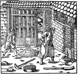 Malmin leimaaminen ja paahtaminen metallin uuttamiseksi, 1556