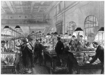 Leimaus- ja lajittelutoimisto, General Post Office, Lontoo, 1875
