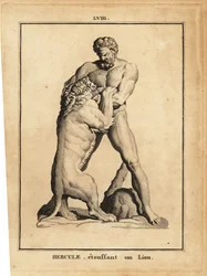 Herkuleen, roomalaisen sankarin ja jumalan patsas, joka tukahduttaa leijonan