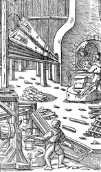 Terästuotanto: takomo, jossa on palkeet vetoa varten, 1556