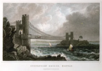Riippusilta Conwyn suiston yli, Wales, c1840