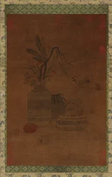 Kuvakudos: kulho, kaksi purkkia, kukkia ja hedelmiä, mahdollisesti Ming-dynastia, 1368-1644.