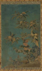 Kuvakudos: hedelmäpuut ja hollyhocks, Ming-dynastia, 1368-1644.