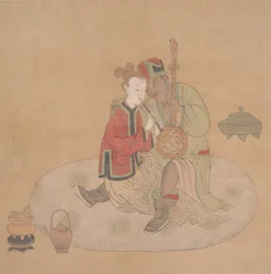 Tatari upseeri blondin naisen kanssa soittimia soittamassa, 1800-luku.
