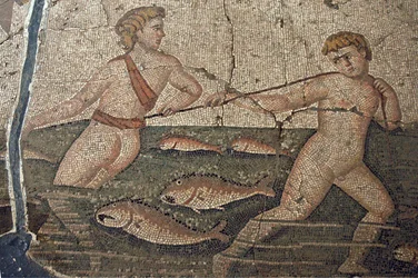 Thalasse ja alastonkalastajien mosaiikki Vaktosta, yksityiskohta, Turkki,
