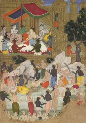 Kumbhakarnan herääminen Lankan kultaisessa kaupungissa, Folio Ramayanasta, n. 1605.