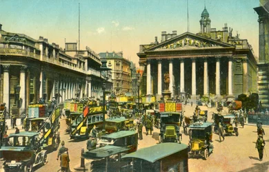 The Bank of England ja Royal Exchange, Lontoo, vuonna 1910.