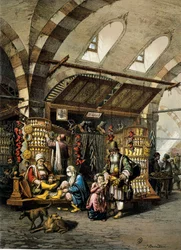 Konstantinopolin basaari (souk), värillinen litografia