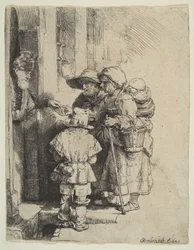Blind Hurdy-Gurdy -pelaaja ja perhe vastaanottamassa almuja, 1648.