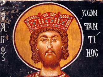 Bysanttilainen fresko 1400-luvulta (yksityiskohta): Keisari Konstantinuksen seinämaalaus Arkkienkeli Mikaelin kirkko Pedoulasissa Kypros Maalatut kirkot Unescon sivusto Troodos, Kypros