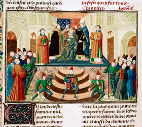 Englannin Henrik IV:n kruunaus. Yksityiskohta Jean Froissartin Grandes Chroniques de France -teoksen miniatyyristä, noin 1470