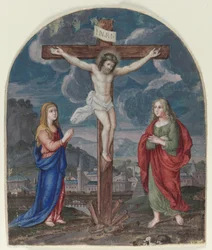 Ristiinnaulitseminen: Rukouskirjasta leikattu miniatyyri, n. 1540-1550.