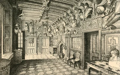 Sisääntulo. -Muurin varrella on monia vanhan haarniskapukuja., 1882.
