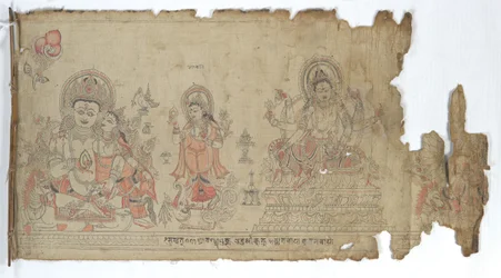 Jumalatar Vasudhara, jota reunustavat Kubera ja fragmentaarinen Durga, päivätty 1651.