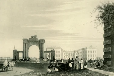 Kenraalikuvernööri ja ruumisvartija hallitustalon ulkopuolella, 1820, 1925.