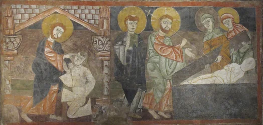 Sokean miehen parantaminen ja Lasaruksen herättäminen, 1100-luvun ensimmäinen puolisko mahdollisesti 1129-34.