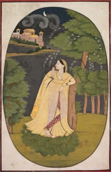 Sankaritar, joka odottaa innokkaasti poissa olevaa rakastajaansa Utka Nayika, c. 1800.