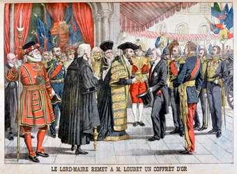 Lontoon lordipormestari antaa herra Loubetille kultalaatikon, vuodelta 1903