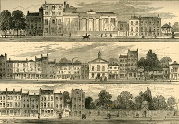 Knightsbridgen pohjoispuoli vuonna 1820, Cannon Brewerystä Hyde Park Corneriin, vuodelta 1876.