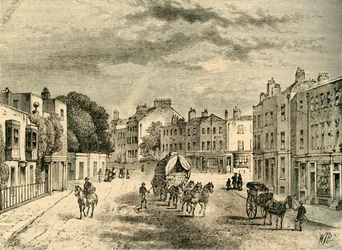 Vanha Vauxhallin kylä, jossa on sisäänkäynti puutarhaan, vuonna 1825, n. 1878.