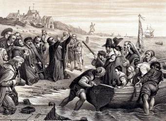 Pilgrim-isät lähtevät Delft Havenista matkallaan Amerikkaan, heinäkuussa 1620 1878