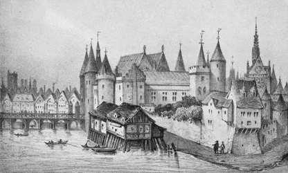 Pont aux Meuniers ja osa kaupungin kuninkaan palatsista vuonna 1556, 1915