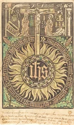 Pyhä monografia ristiinnaulitsemisen ja kärsimyksen symboleilla [recto], vuonna 1470 tai sen jälkeen.
