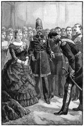 Persian shaahi esittelemässä pukunsa kuningatar Victorialle Windsorissa, 1800-luvun puolivälissä