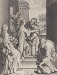 Vierailu, Neitsyt ja Pyhä Elisabet halaavat keskellä, reunustaa muita..., 1589.
