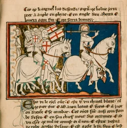 Suuri kuningas valkoisella hevosella. Pienoiskuva: Apocalypse de saint Jean, noin 1320.