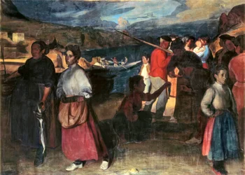"Sardiinikauppias" Angel Larroque Echevarrian maalaus (1874-1961) Öljy kankaalle.