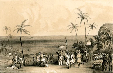 Calicutin kauppiaat takavarikoivat ja kahlittiin karuun kallioon Tippoo Saibin määräyksestä, 1847