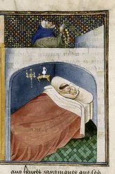 Munkki nukkuu vaimon kanssa, kun mies rukoilee, 1460-luku.