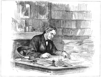 Thomas Henry Huxley, brittiläinen biologi, pöytänsä ääressä vuonna 1882 1883